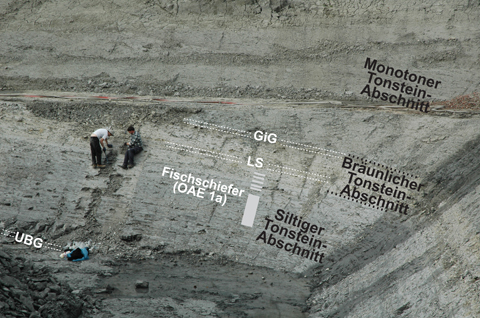 Die Grube in Ahaus-Alstätte in Westfalen im Jahr 2011 mit einigen der unterschiedenen geologischen Schichten und Abschnitte.