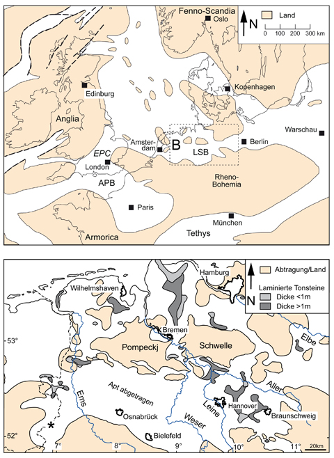 Landkarte Europas (A) und Norddeutschlands (B) vor 120 Millionen Jahren mit der Verteilung von Land (beige) und Wasser (weiss). Verändert aus Lehmann et al. (2012) 
