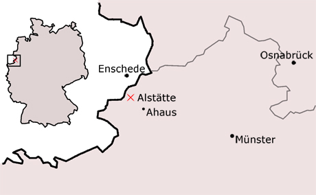 Lage der Grube in Ahaus-Alstätte, Westfalen (rotes Kreuz)