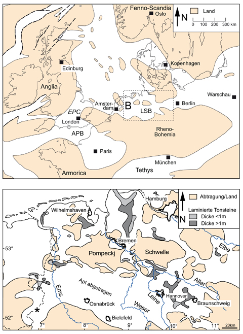 Landkarte Europas (A) und Norddeutschlands (B) vor 120 Millionen Jahren mit der Verteilung von Land (beige) und Wasser (weiss). Verändert aus Lehmann et al. (2012)